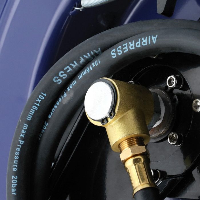 Air hose reel wall mounting 20 bar 20 m 3/8" 16 x 10 mm with swivel arm and set of plug-in nipples and universal quick coupling