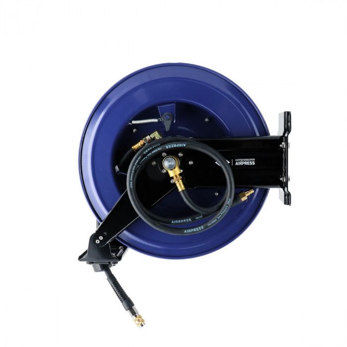 Air hose reel wall mounting 20 bar 20 m 3/8" 16 x 10 mm with swivel arm and set of plug-in nipples and universal quick coupling