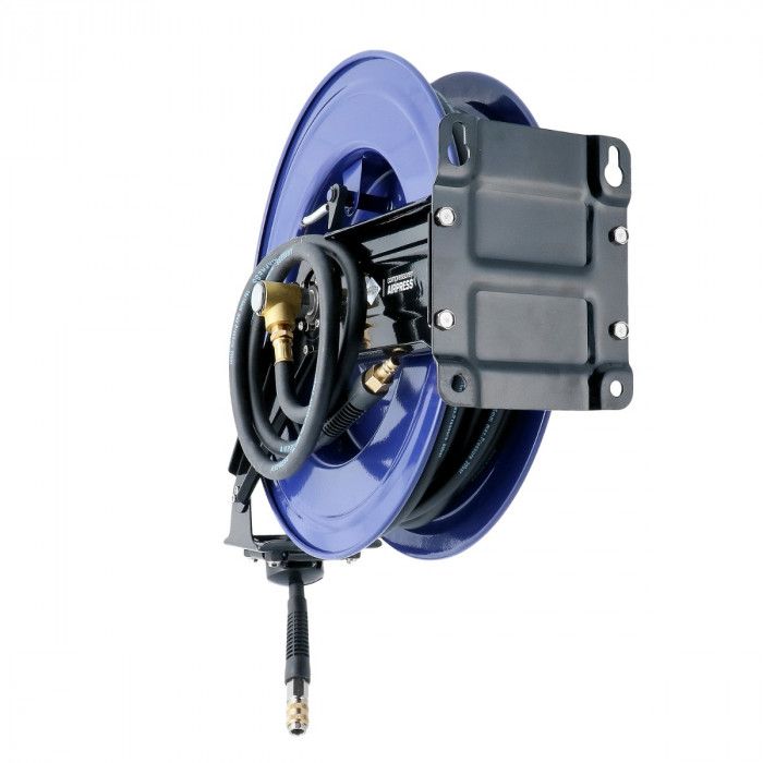 Air hose reel wall mounting 20 bar 20 m 3/8" 16 x 10 mm with swivel arm and set of plug-in nipples and universal quick coupling