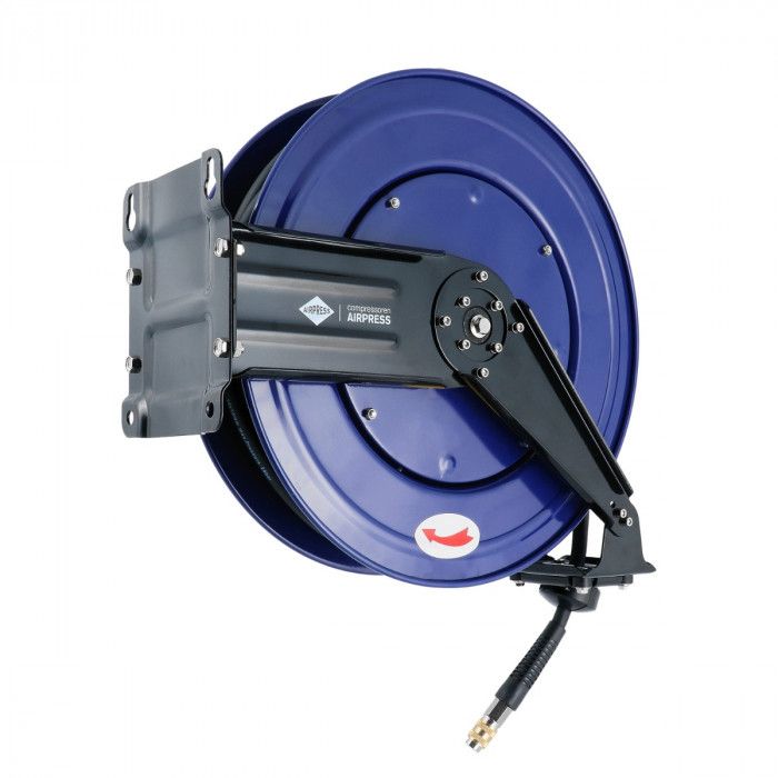 Air hose reel wall mounting 20 bar 20 m 3/8" 16 x 10 mm with swivel arm and set of plug-in nipples and universal quick coupling