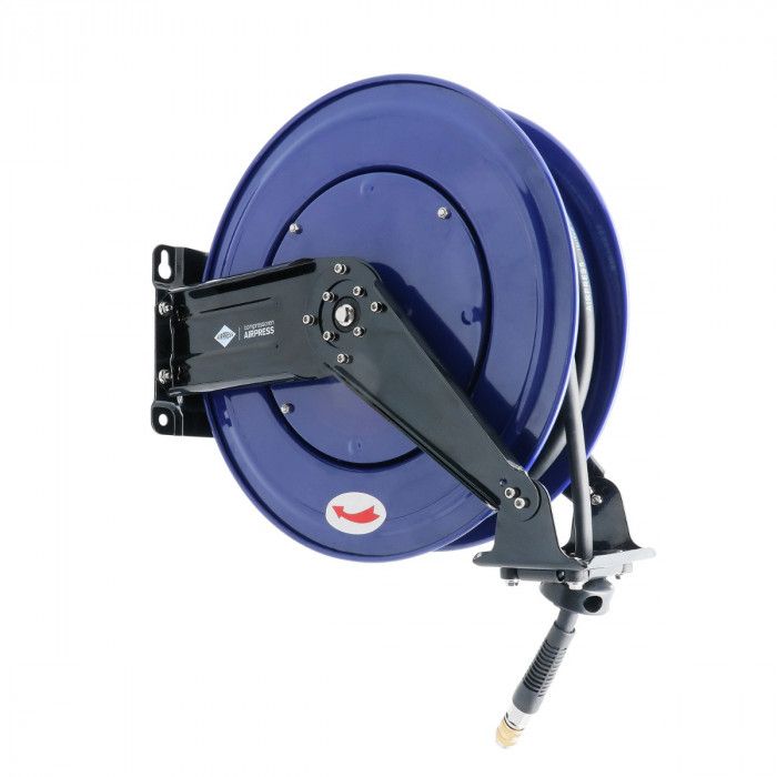 Air hose reel wall mounting 20 bar 20 m 3/8" 16 x 10 mm with swivel arm and set of plug-in nipples and universal quick coupling