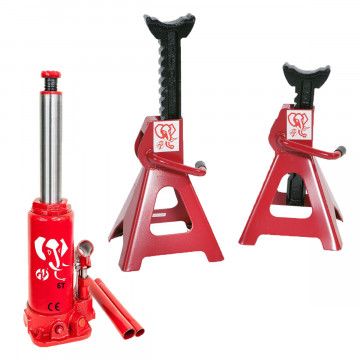 Bottle jack 6 ton 332 mm dish height and Jack stand JJ 6 ton 2 pieces 400-630 mm Plug & Play